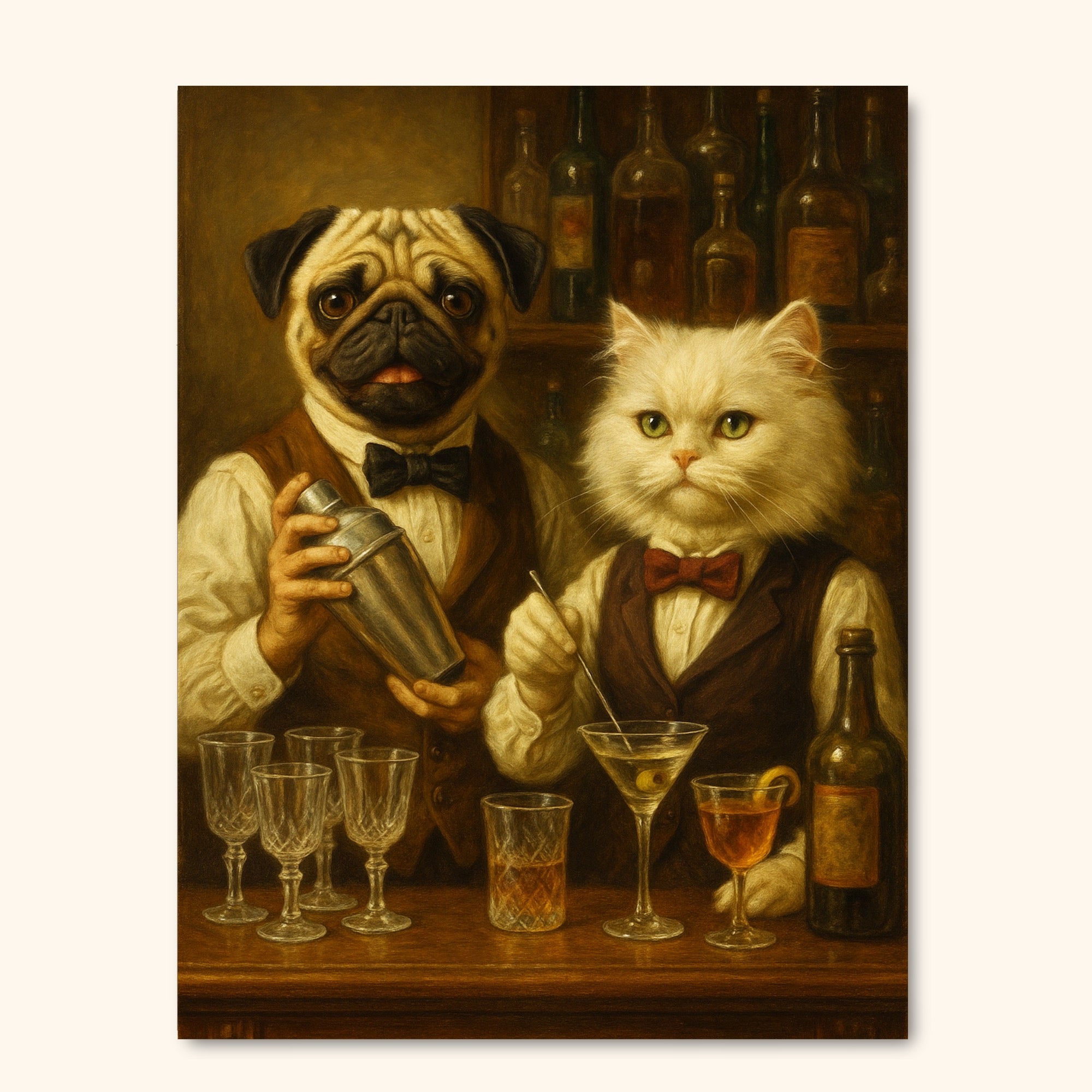 Custom Pet Bartender Portrait – Vintage Bar Cat and Dog Artwork