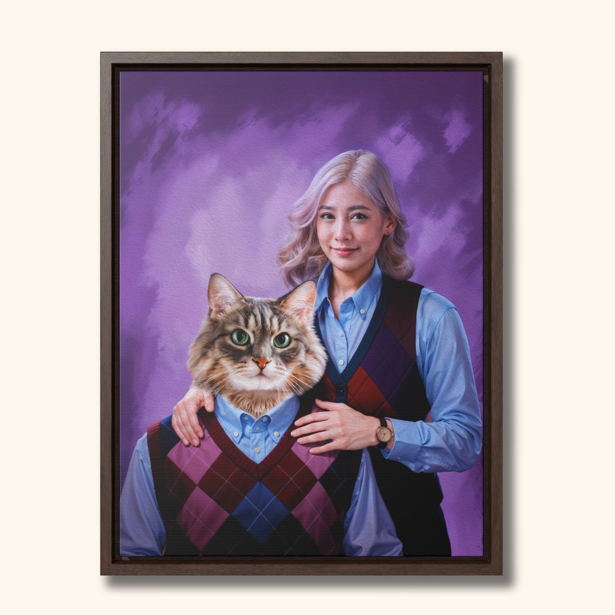 Stepbrothers custom portrait — woman and cat in matching vests