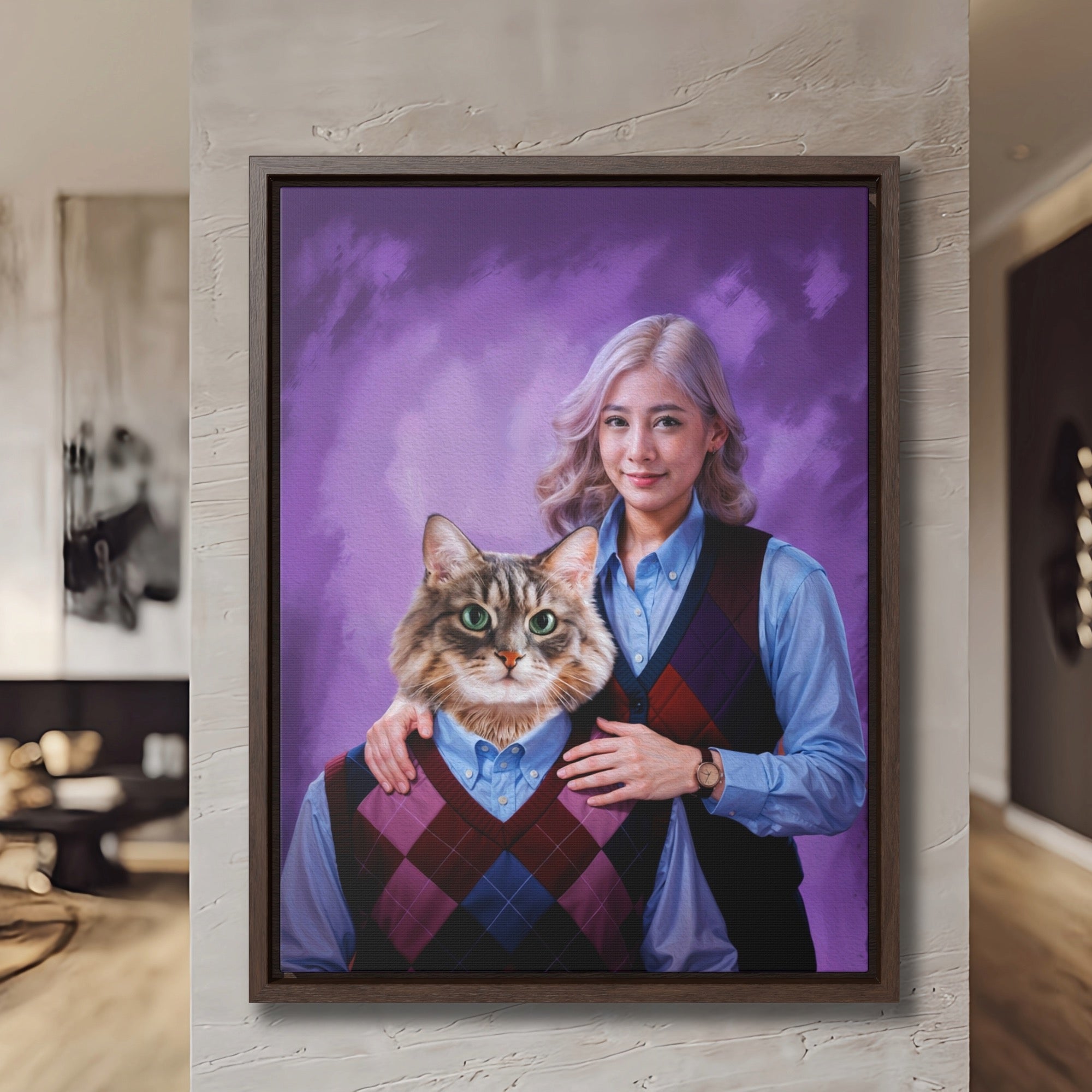 Stepbrothers custom portrait framed on a living room wall