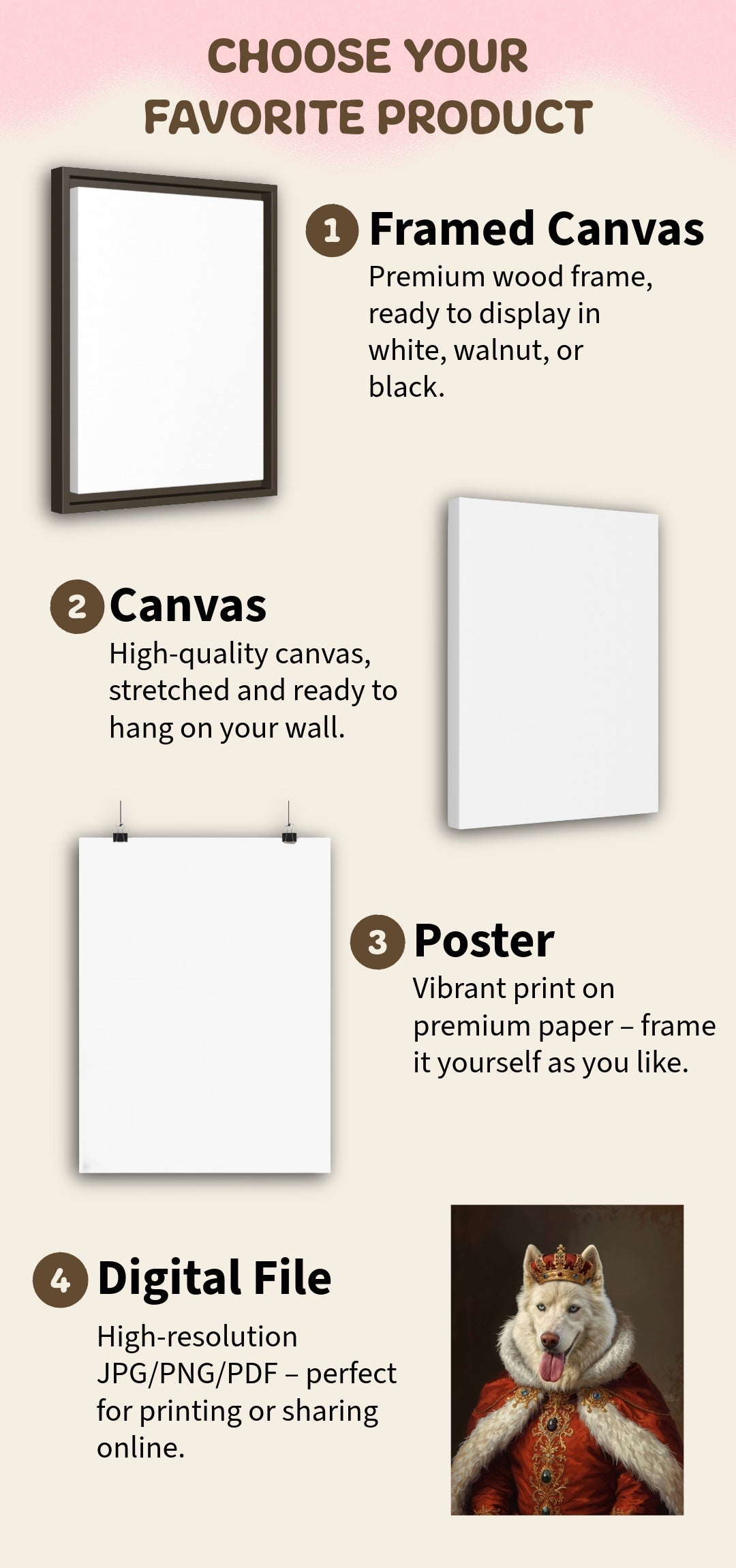 Choose your format — framed canvas, canvas, poster, or digital
