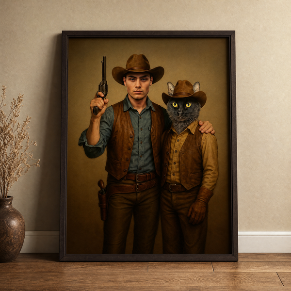 Custom Cowboy Pet & Owner Portrait – Personalized Western Art