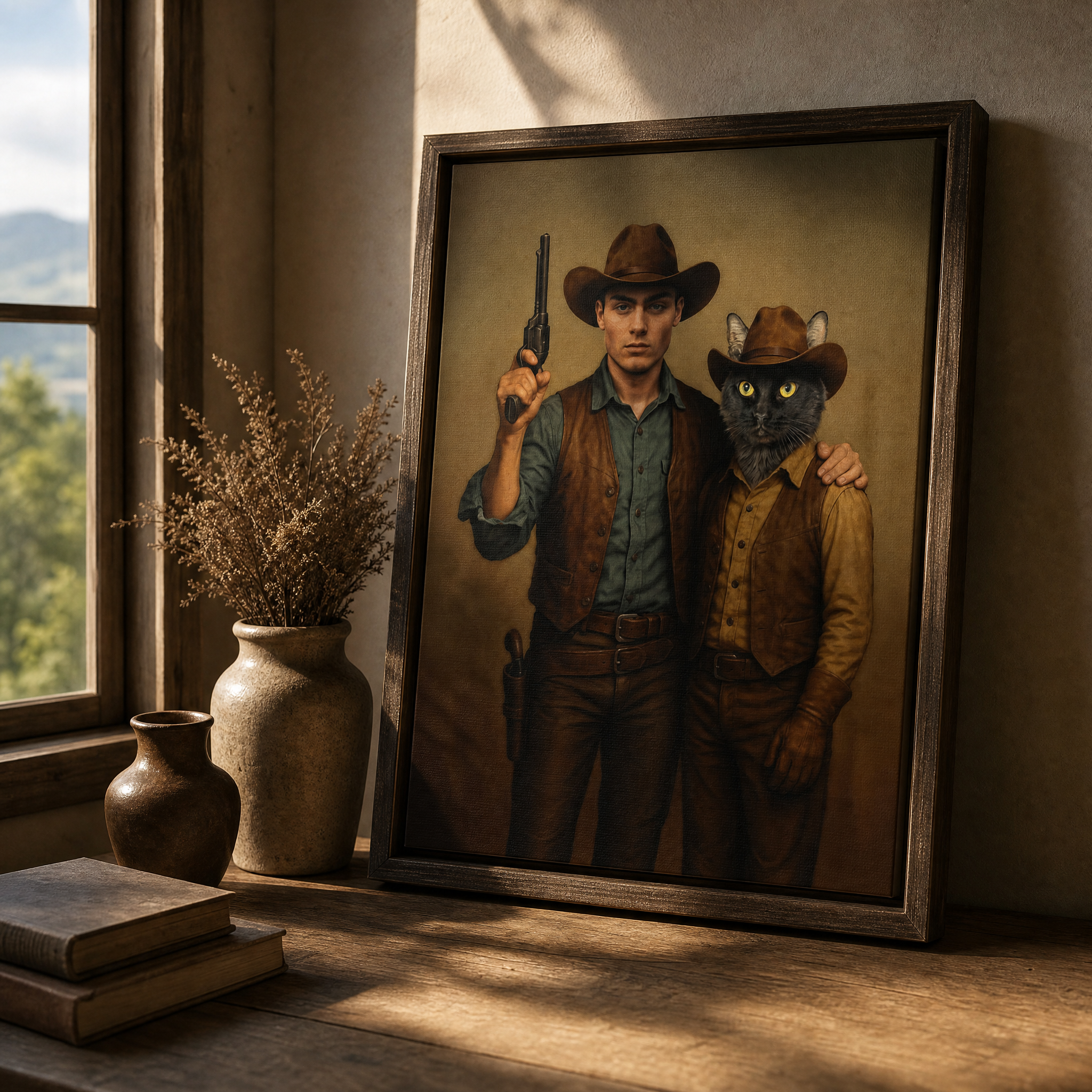 Custom Cowboy Pet & Owner Portrait – Personalized Western Art