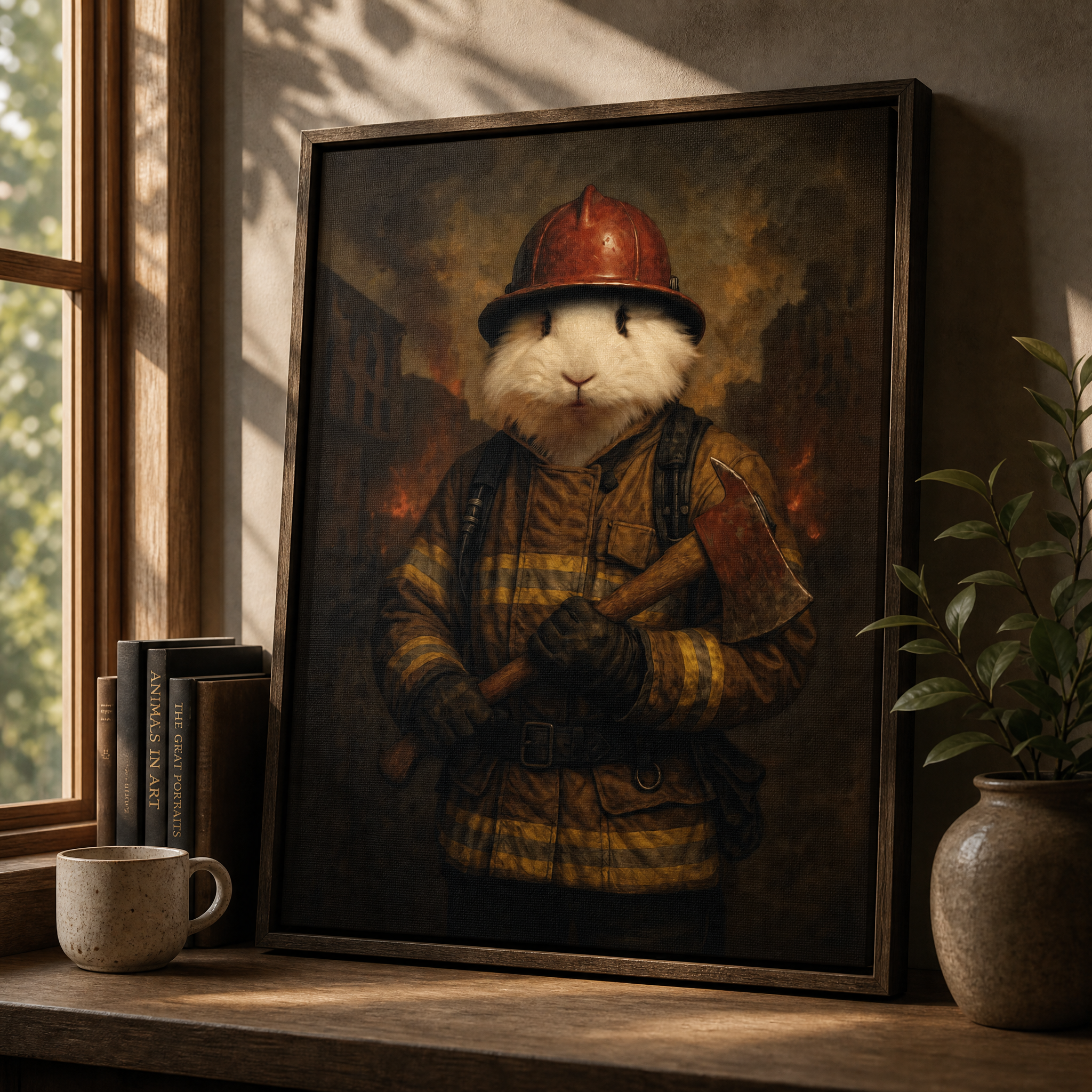 Custom Firefighter Pet Portrait – Personalized Rabbit Portrait