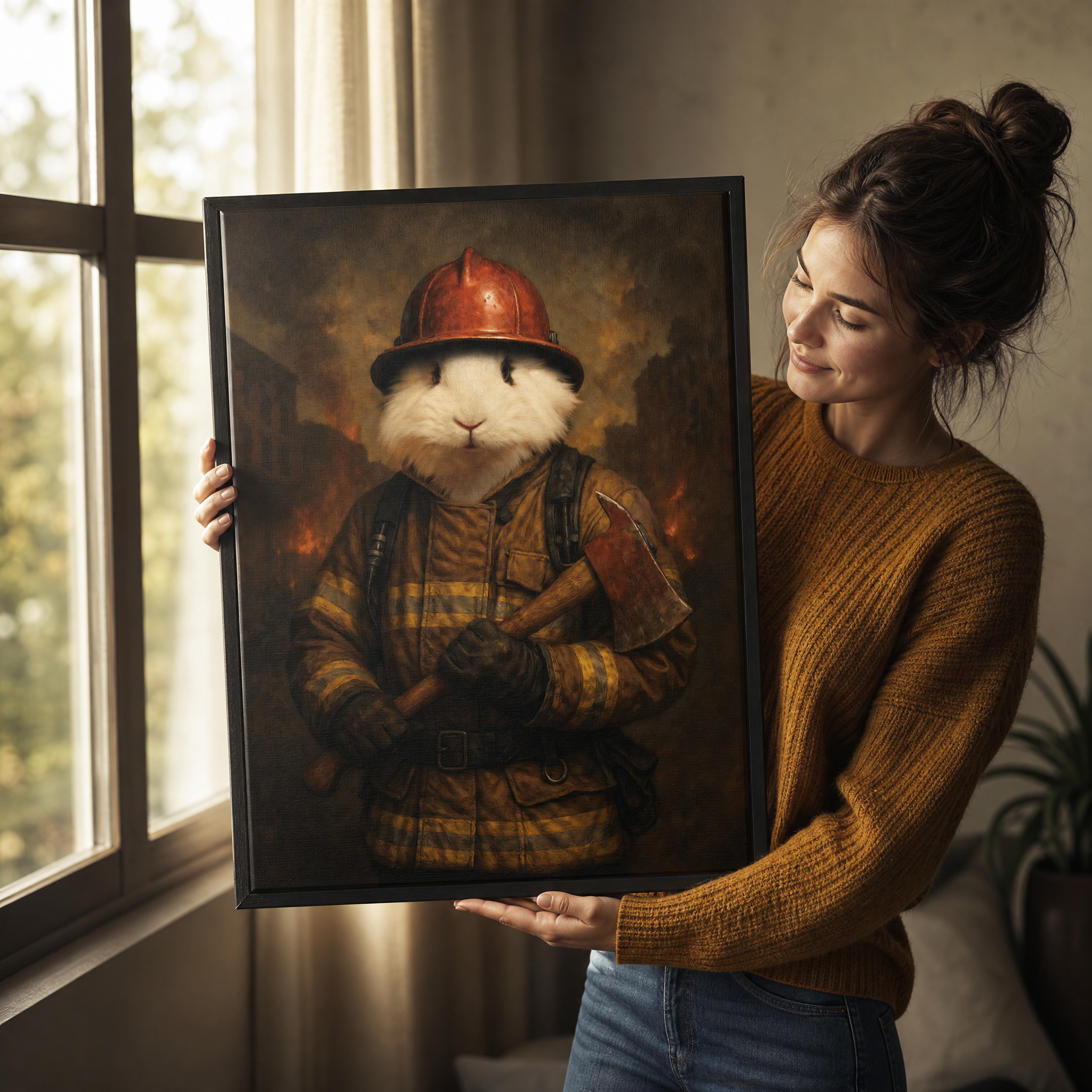 Custom Firefighter Pet Portrait – Personalized Rabbit Portrait