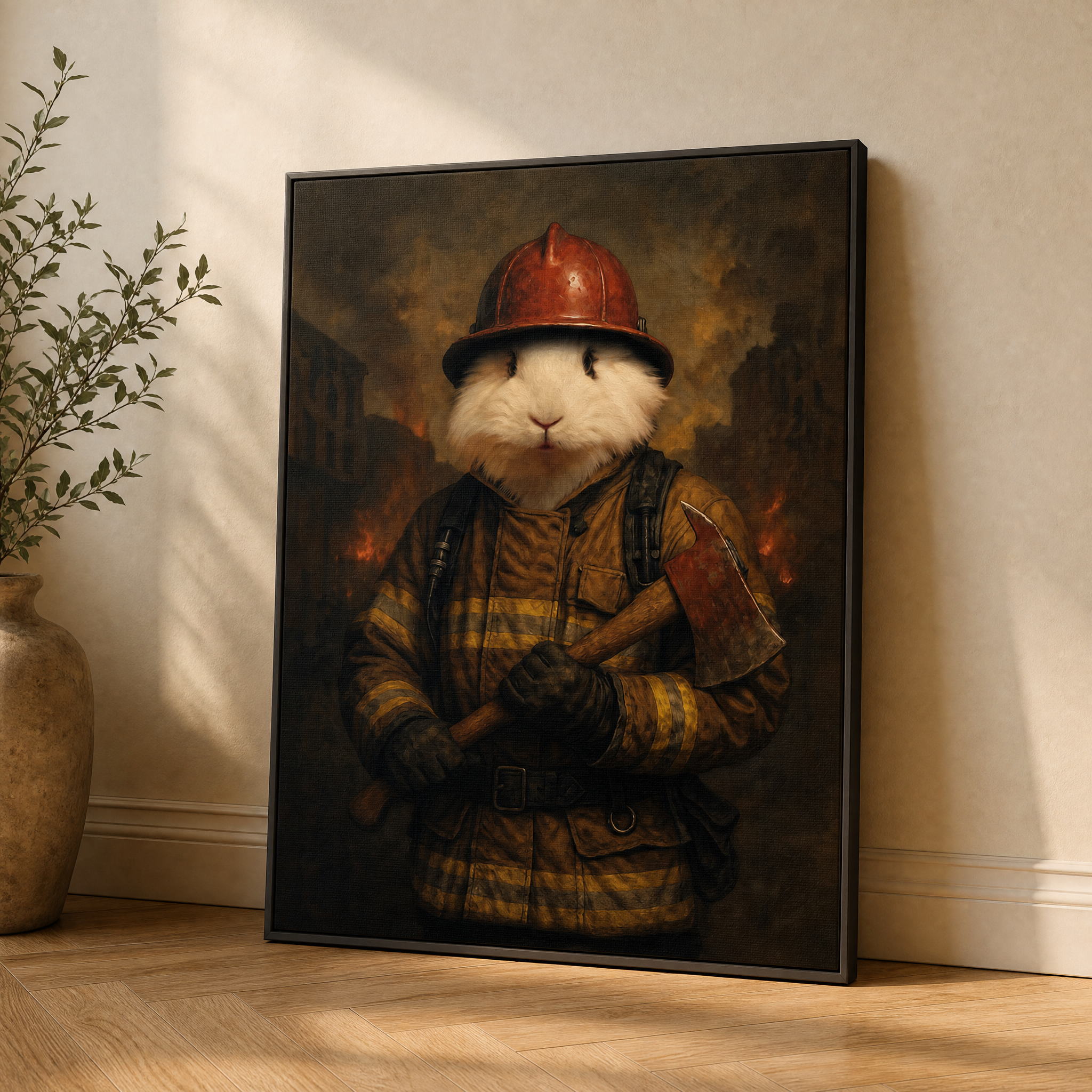 Custom Firefighter Pet Portrait – Personalized Rabbit Portrait