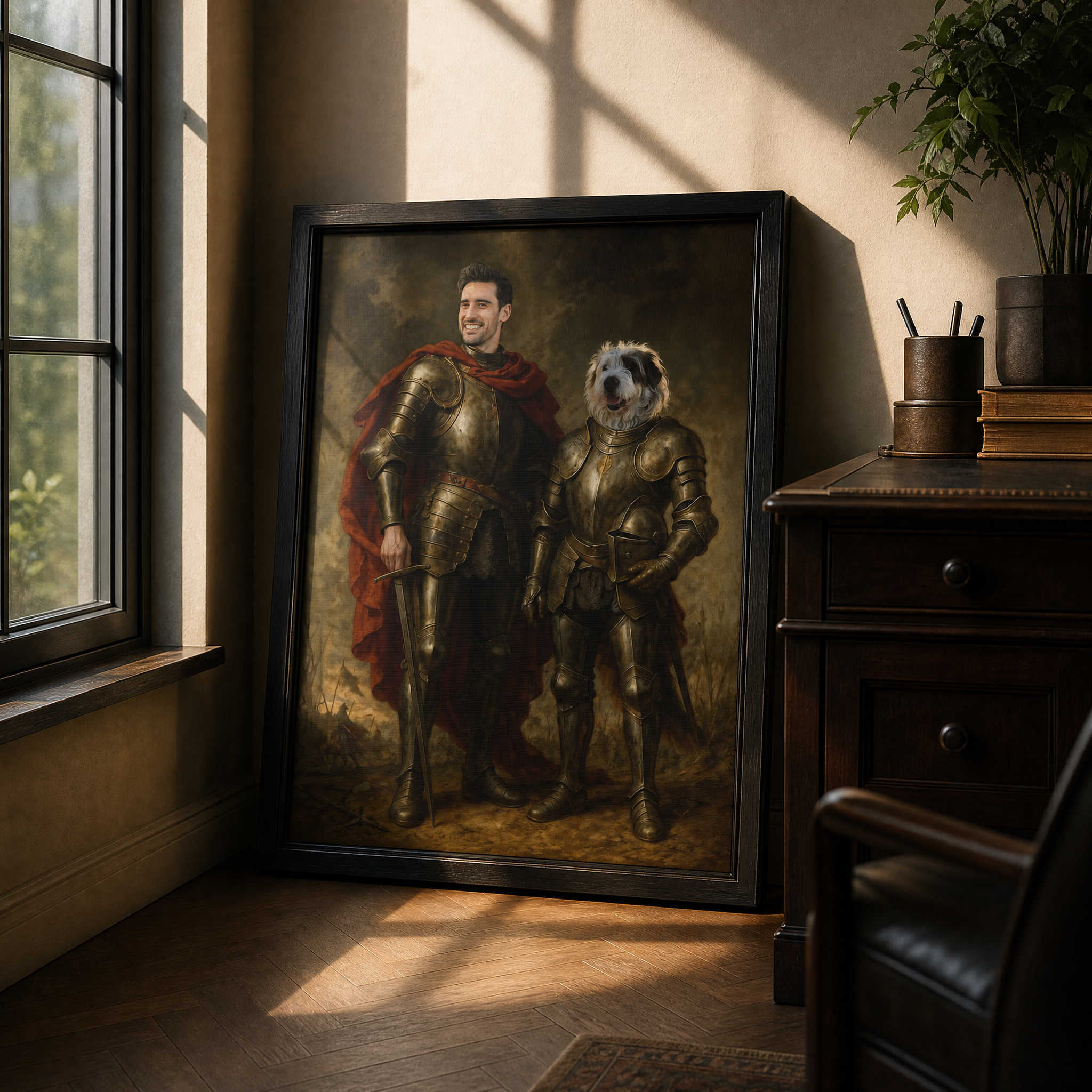 Custom Knight Pet & Owner Portrait – Personalized Medieval Art