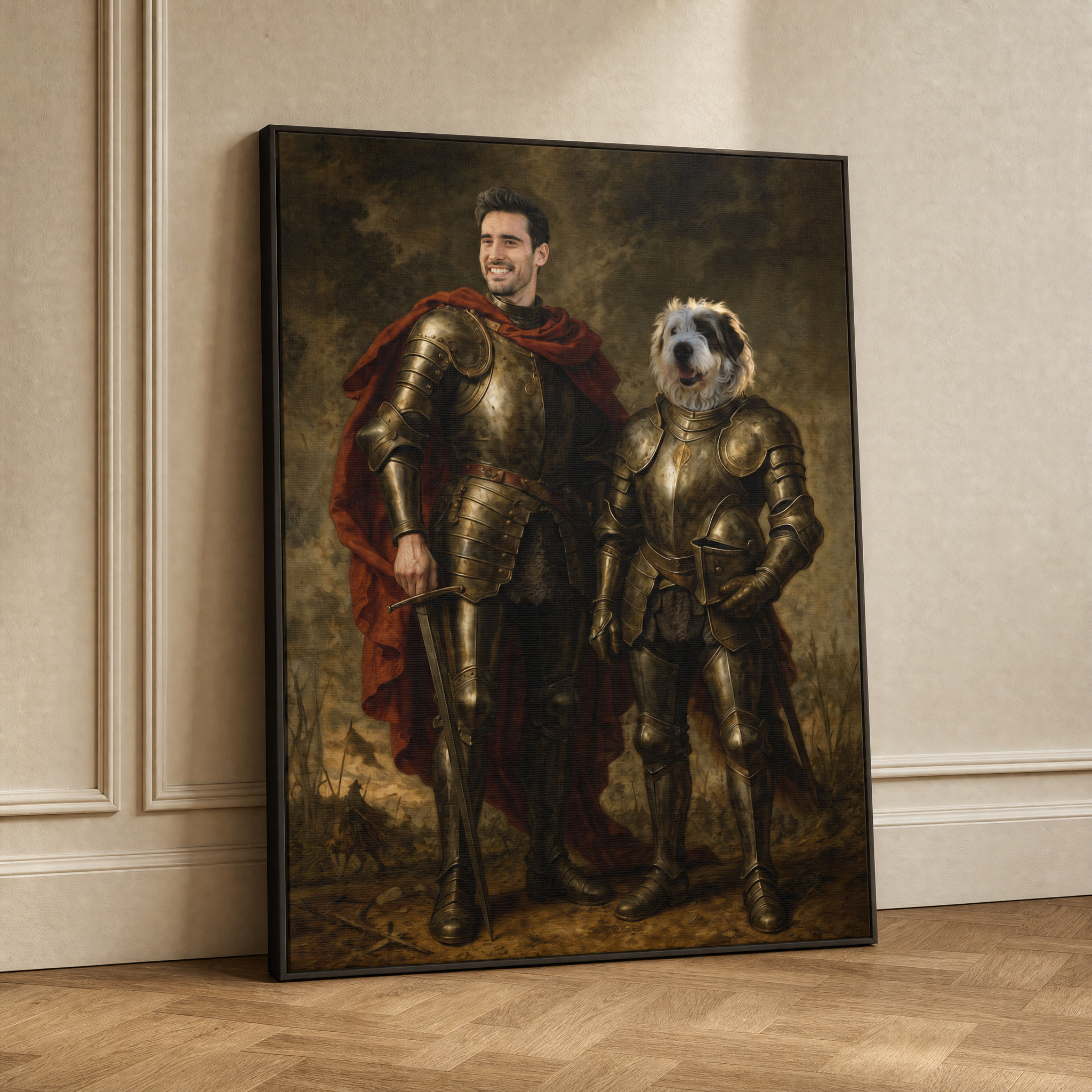 Custom Knight Pet & Owner Portrait – Personalized Medieval Art