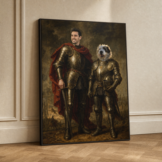 Custom Knight Pet & Owner Portrait – Personalized Medieval Art