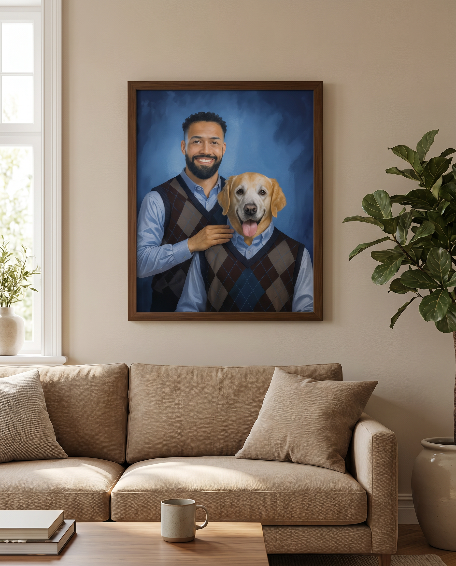 Step Brothers framed canvas pet portrait hanging in a cozy modern living room