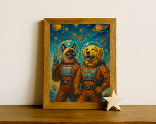Spacebound Duo – Custom Retro Astronaut Pet Portrait (2 Pets)