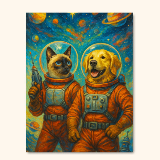 Spacebound Duo – Custom Retro Astronaut Pet Portrait (2 Pets)