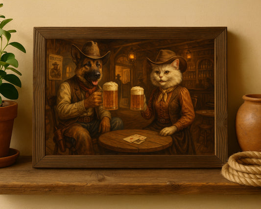 Custom Cowboy Pet Portrait – Dog & Cat at Saloon with Beer