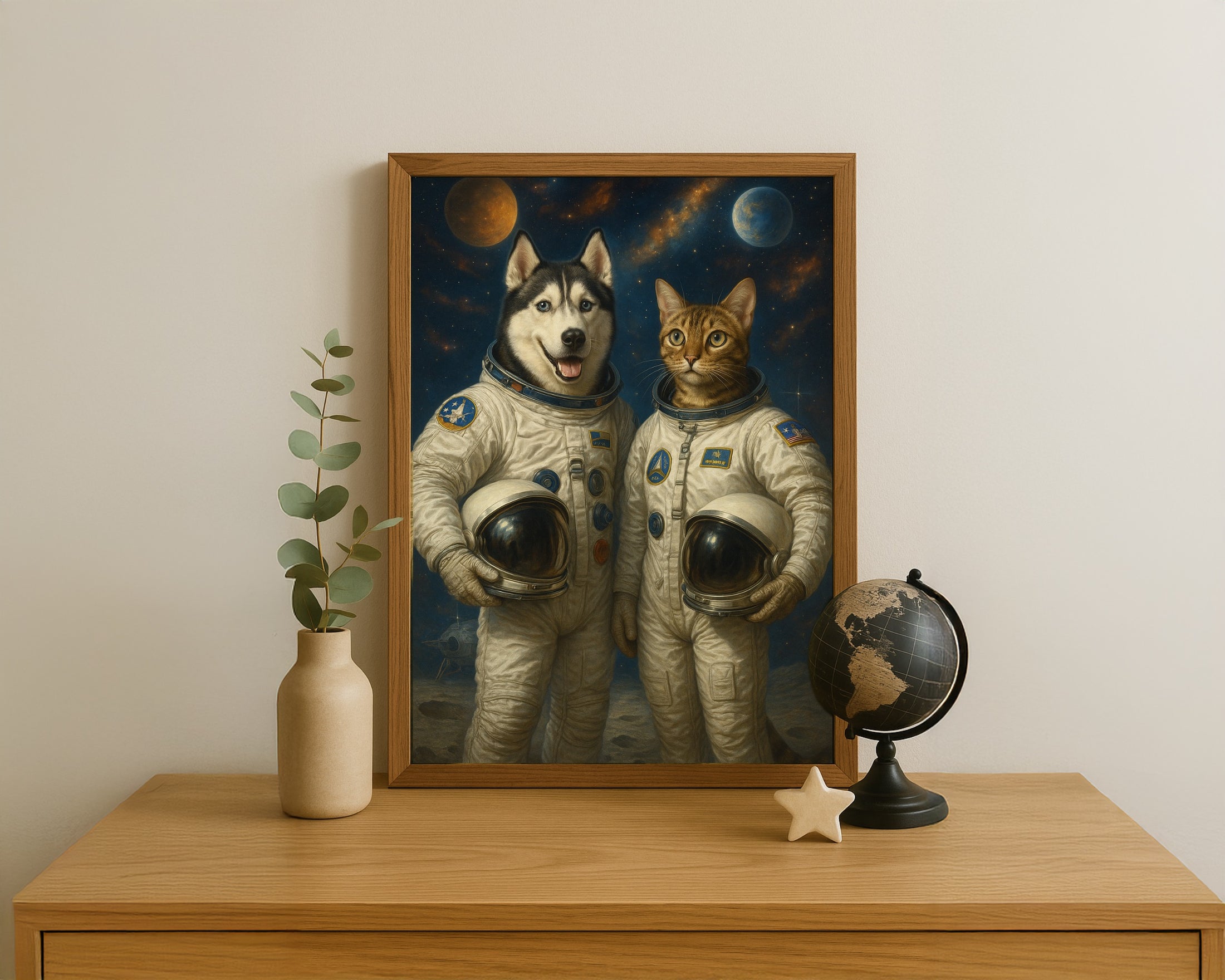 Custom Astronaut Pet Portrait – Dog & Cat in Space