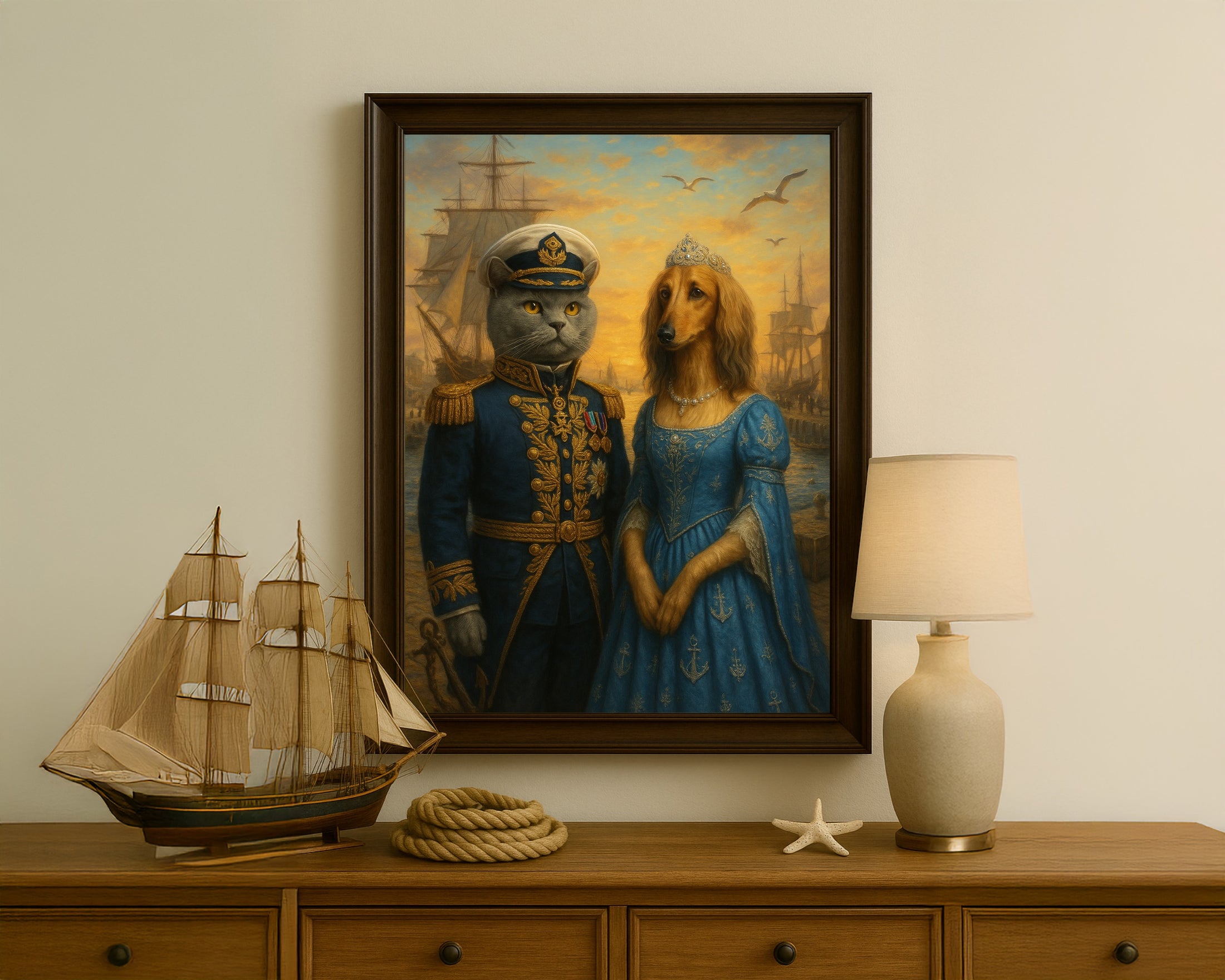 Custom Naval Pet Portrait – Dog & Cat in Royal Attire