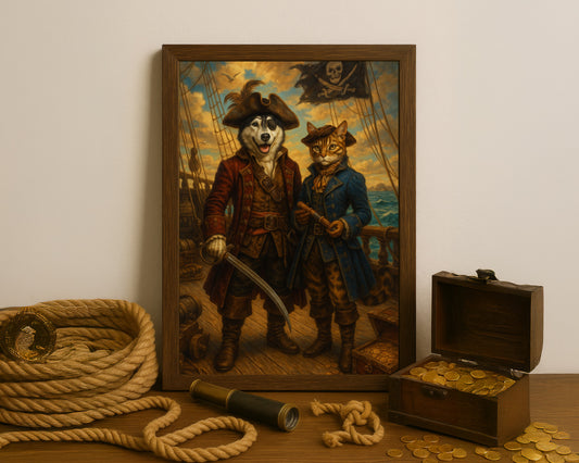 Custom Pirate Pet Portrait – Dog & Cat Adventure at Sea