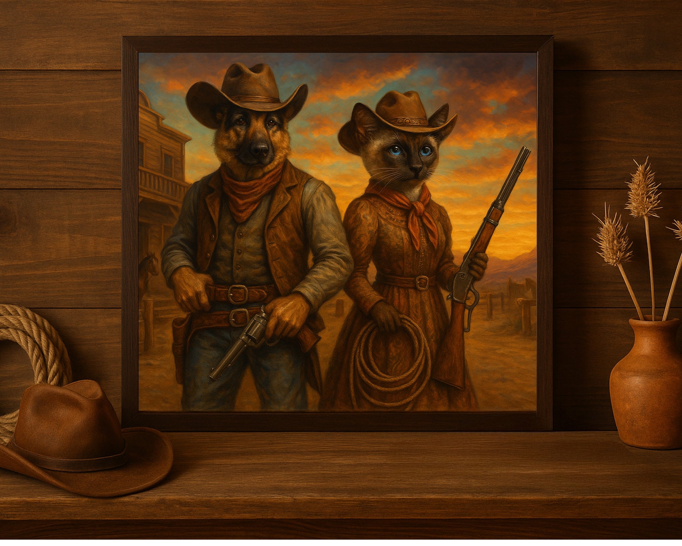 Custom Cowboy Pet Portrait – Dog & Cat in Western Scene