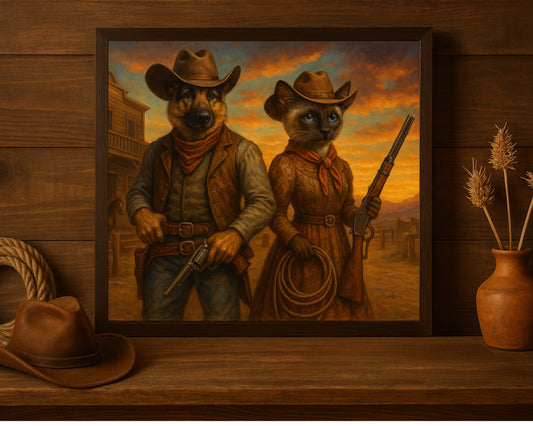 Custom Cowboy Pet Portrait – Dog & Cat in Western Scene