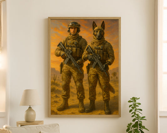 Desert Tactical Companions – Custom Military Portrait of Dog and Human