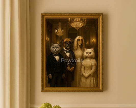 Victorian Pet Gala Portrait – Elegant Custom Painting of Dogs and Cats in Formal Attire