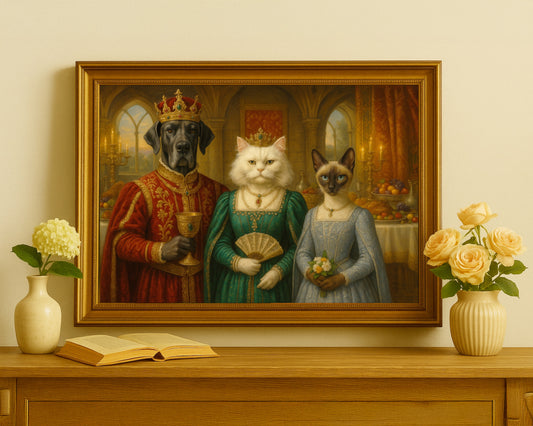 Royal Pet Banquet Portrait – Custom King Dog & Noble Cats in Renaissance Style