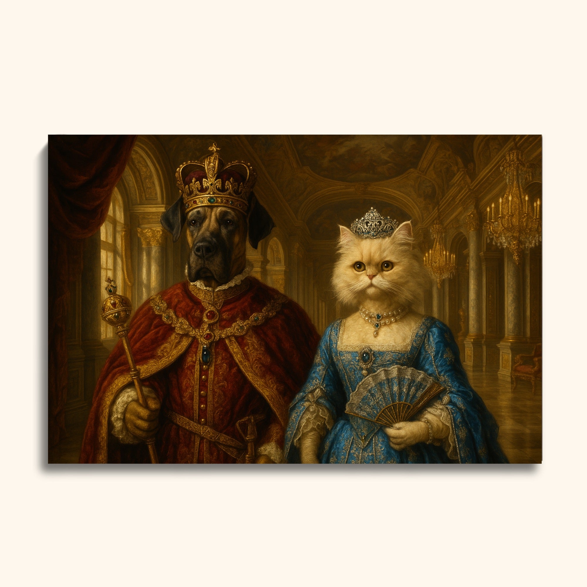 Custom Royal Pet Portrait – Dog & Cat as King and Queen