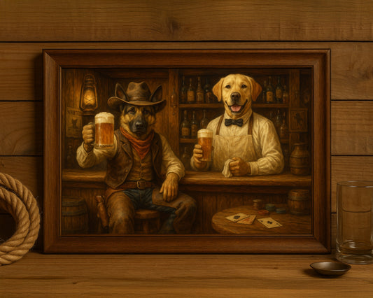 Custom Saloon Pet Portrait – Cowboy & Bartender Dog Duo