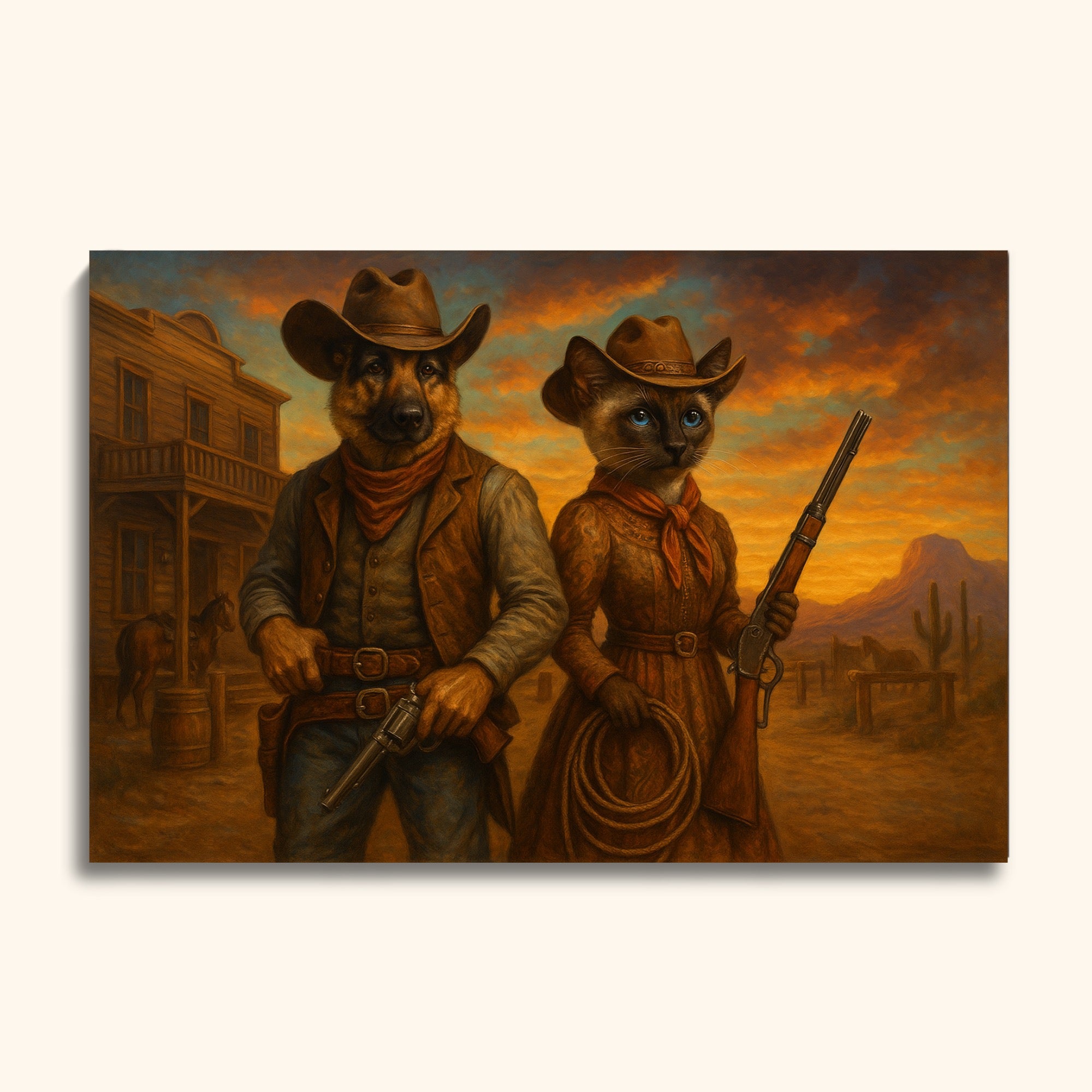 Custom Cowboy Pet Portrait – Dog & Cat in Western Scene