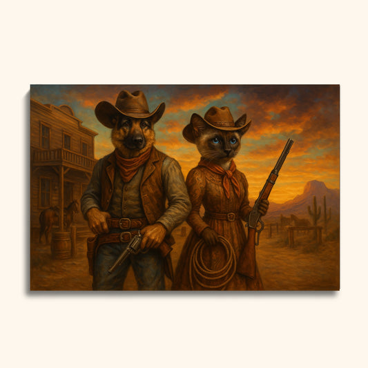 Custom Cowboy Pet Portrait – Dog & Cat in Western Scene