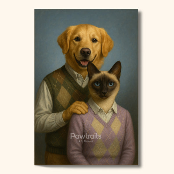 Dog & Cat Portrait in Matching Sweaters