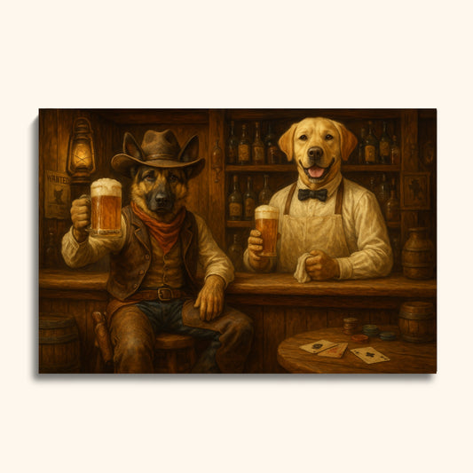 Custom Saloon Pet Portrait – Cowboy & Bartender Dog Duo