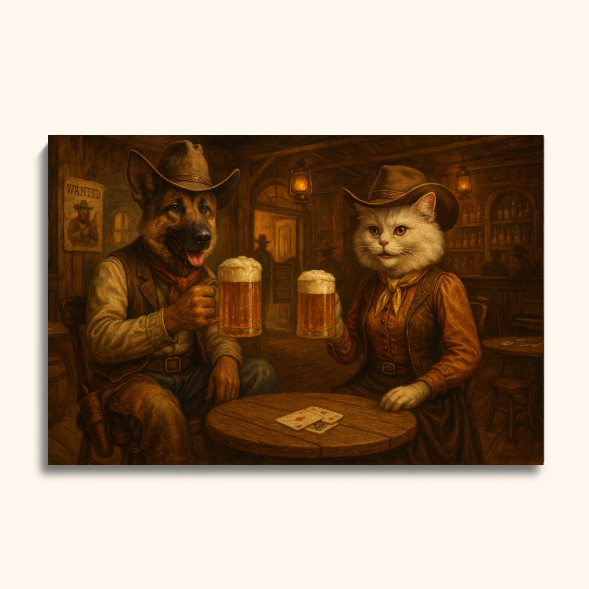 Custom Cowboy Pet Portrait – Dog & Cat at Saloon with Beer
