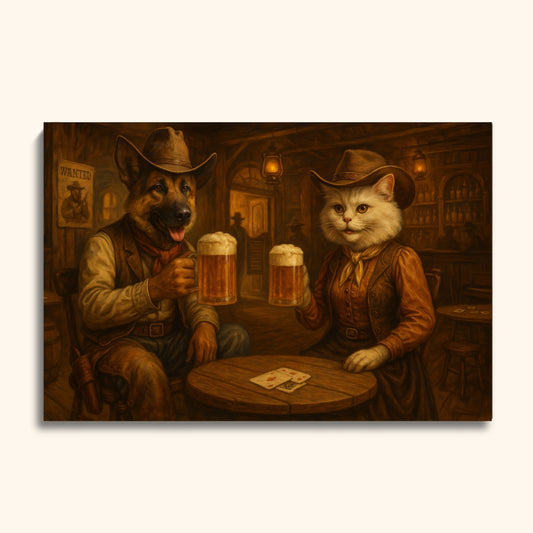 Custom Cowboy Pet Portrait – Dog & Cat at Saloon with Beer