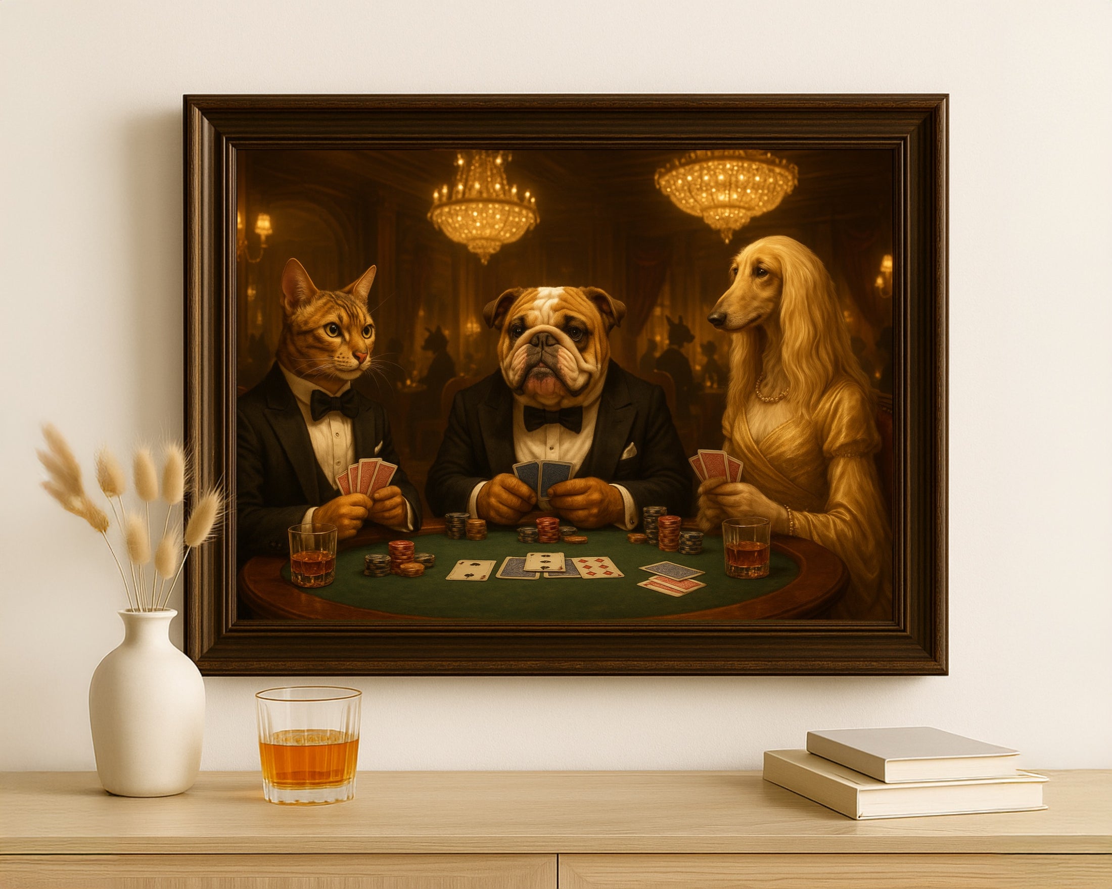 Custom Casino Pet Portrait – Poker Night with Dog & Cat