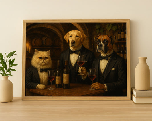 Custom Wine Pet Portrait – Elegant Dog & Cat Wine Tasting Scene