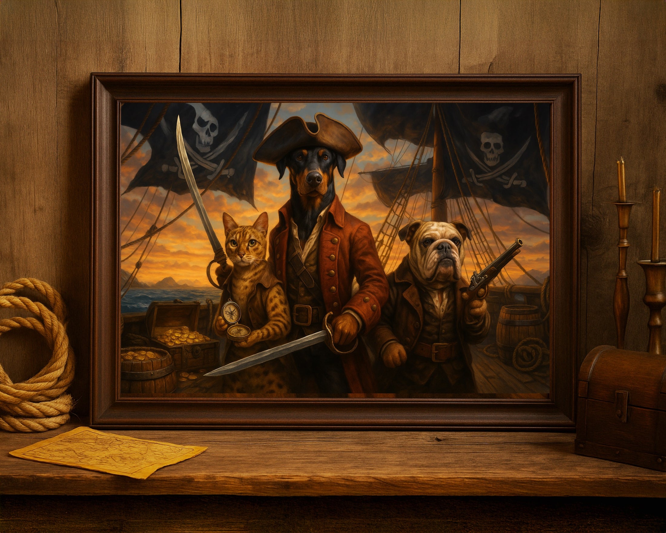 Custom Pirate Pet Portrait – Epic Adventure with Dog & Cat