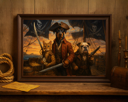 Custom Pirate Pet Portrait – Epic Adventure with Dog & Cat