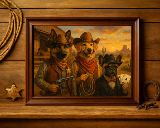 Custom Cowboy Pet Portrait – Wild West Dog Trio Adventure