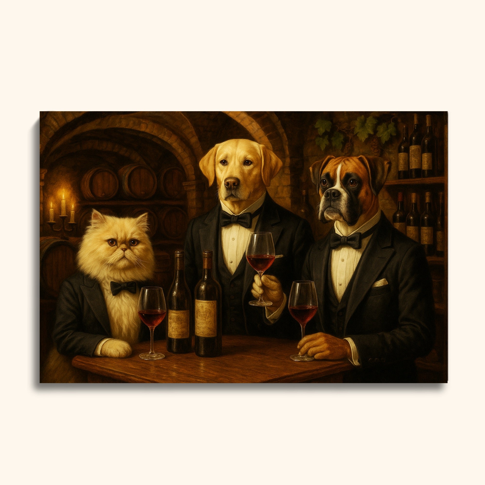 Custom Wine Pet Portrait – Elegant Dog & Cat Wine Tasting Scene