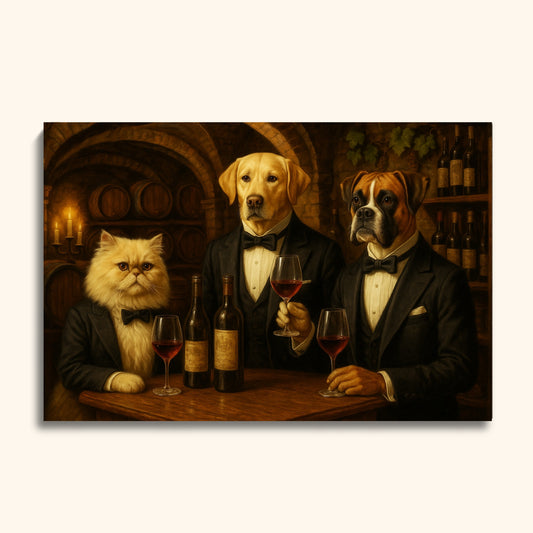 Custom Wine Pet Portrait – Elegant Dog & Cat Wine Tasting Scene