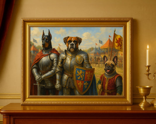 Medieval Pet Knight Portrait – Custom Renaissance Painting with Dogs in Armor