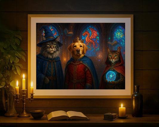 Fantasy-Themed Pet Portrait – Wizard Cat, King Dog & Sorcerer Cat in Magical Hall