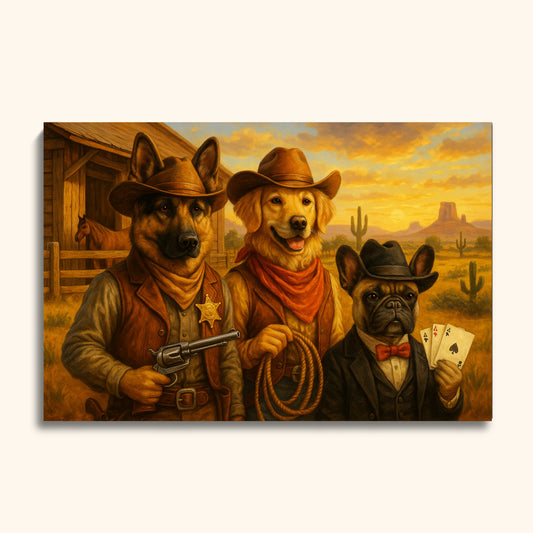 Custom Cowboy Pet Portrait – Wild West Dog Trio Adventure