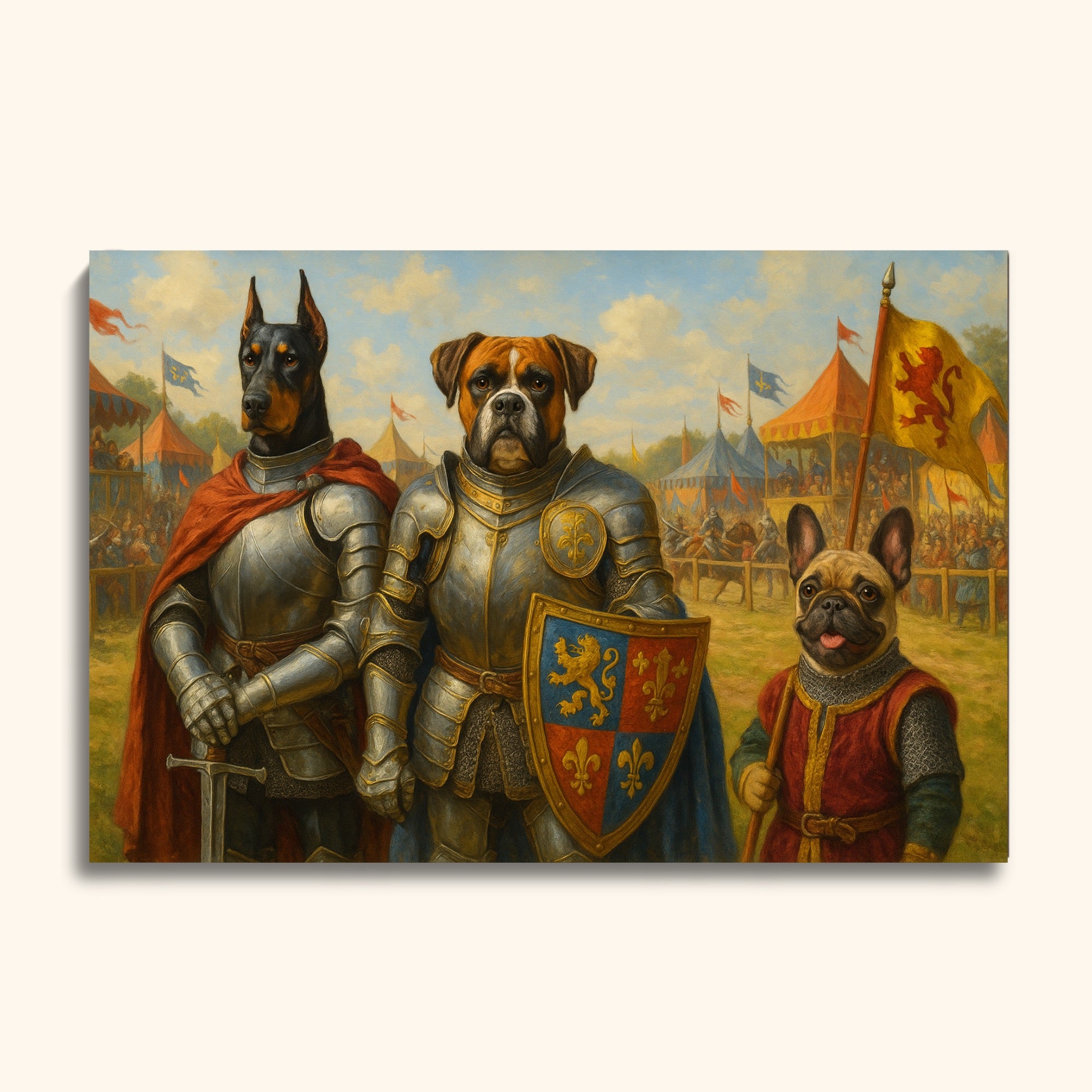 Medieval Pet Knight Portrait – Custom Renaissance Painting with Dogs in Armor