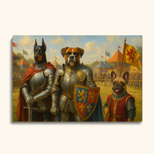 Medieval Pet Knight Portrait – Custom Renaissance Painting with Dogs in Armor
