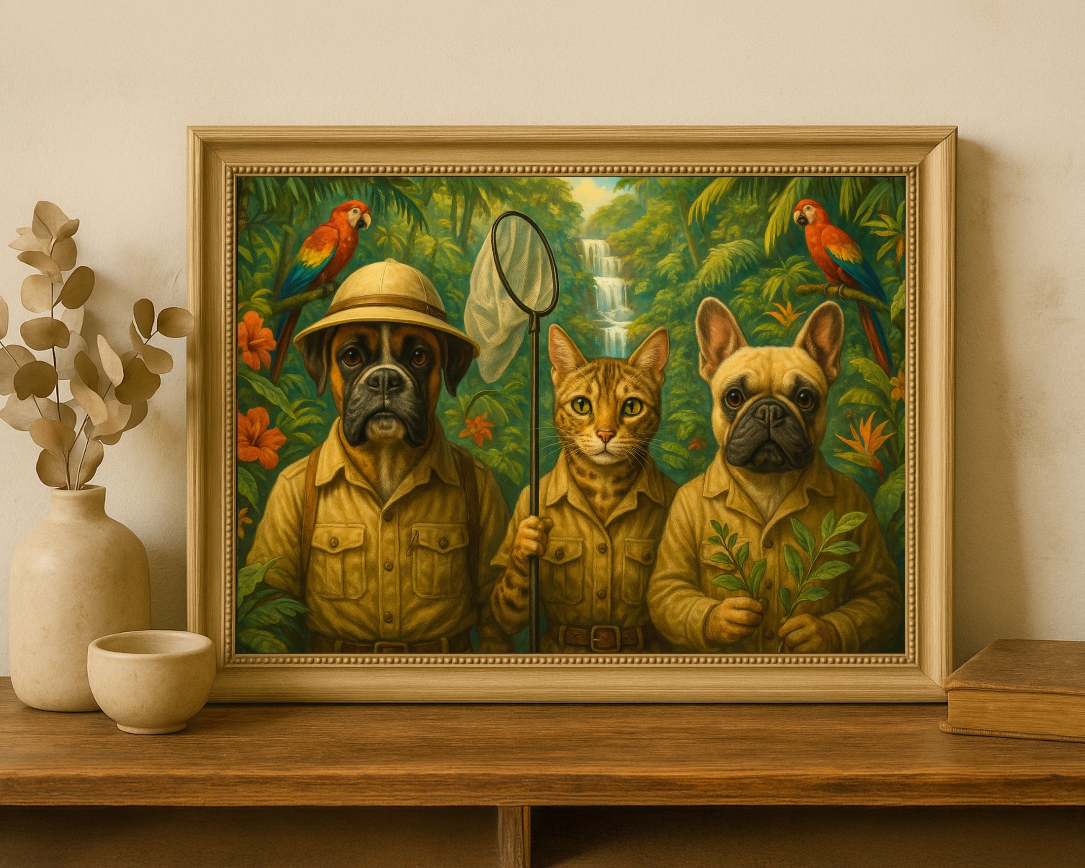 Adventurous Jungle Pet Portrait – Custom Safari Artwork with Dogs & Cat