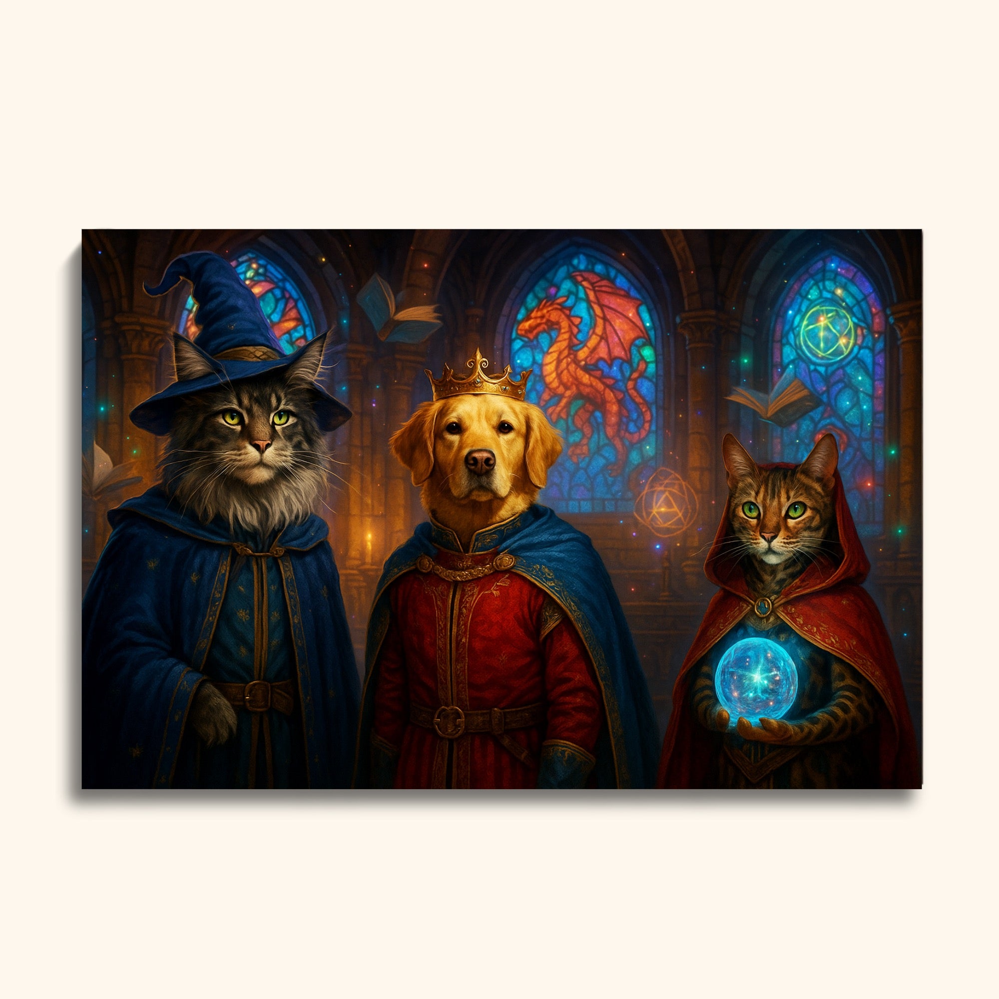 Fantasy-Themed Pet Portrait – Wizard Cat, King Dog & Sorcerer Cat in Magical Hall