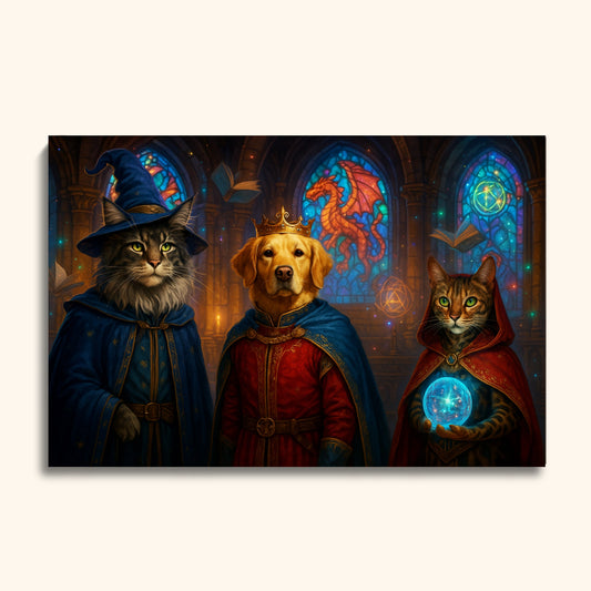 Fantasy-Themed Pet Portrait – Wizard Cat, King Dog & Sorcerer Cat in Magical Hall