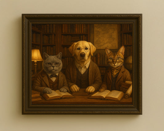 Vintage Pet Scholar Portrait – Custom Dog & Cat Painting in Antique Library