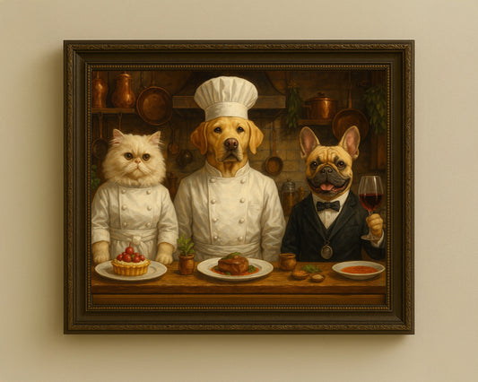 Gourmet Pet Chef Portrait – Custom Animal Painting in Rustic Kitchen