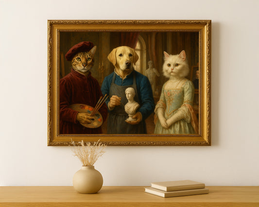Renaissance Pet Artist Portrait – Custom Painting with Dog Sculptor & Artistic Cats